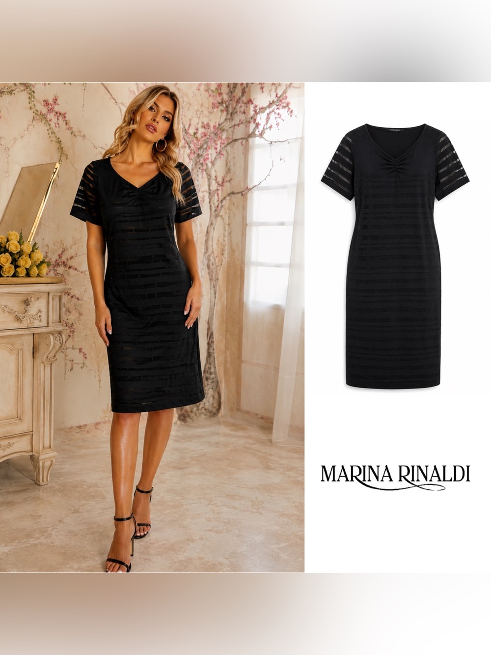 NEW Marina Rinaldi Black Sheer-Striped V-Neck Midi Dress